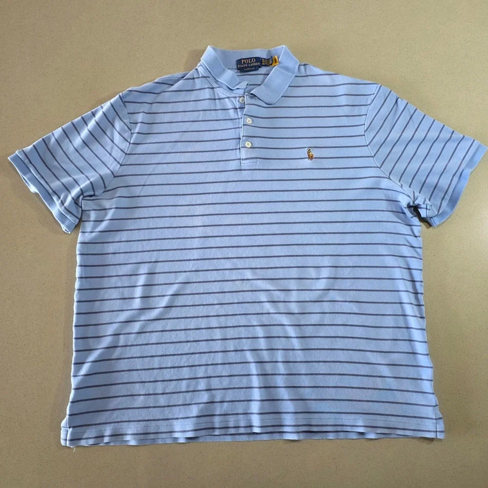 Polo Ralph Lauren Men XL Classic Fit Polo Shirt Blue Striped Short Sleeve Cotton